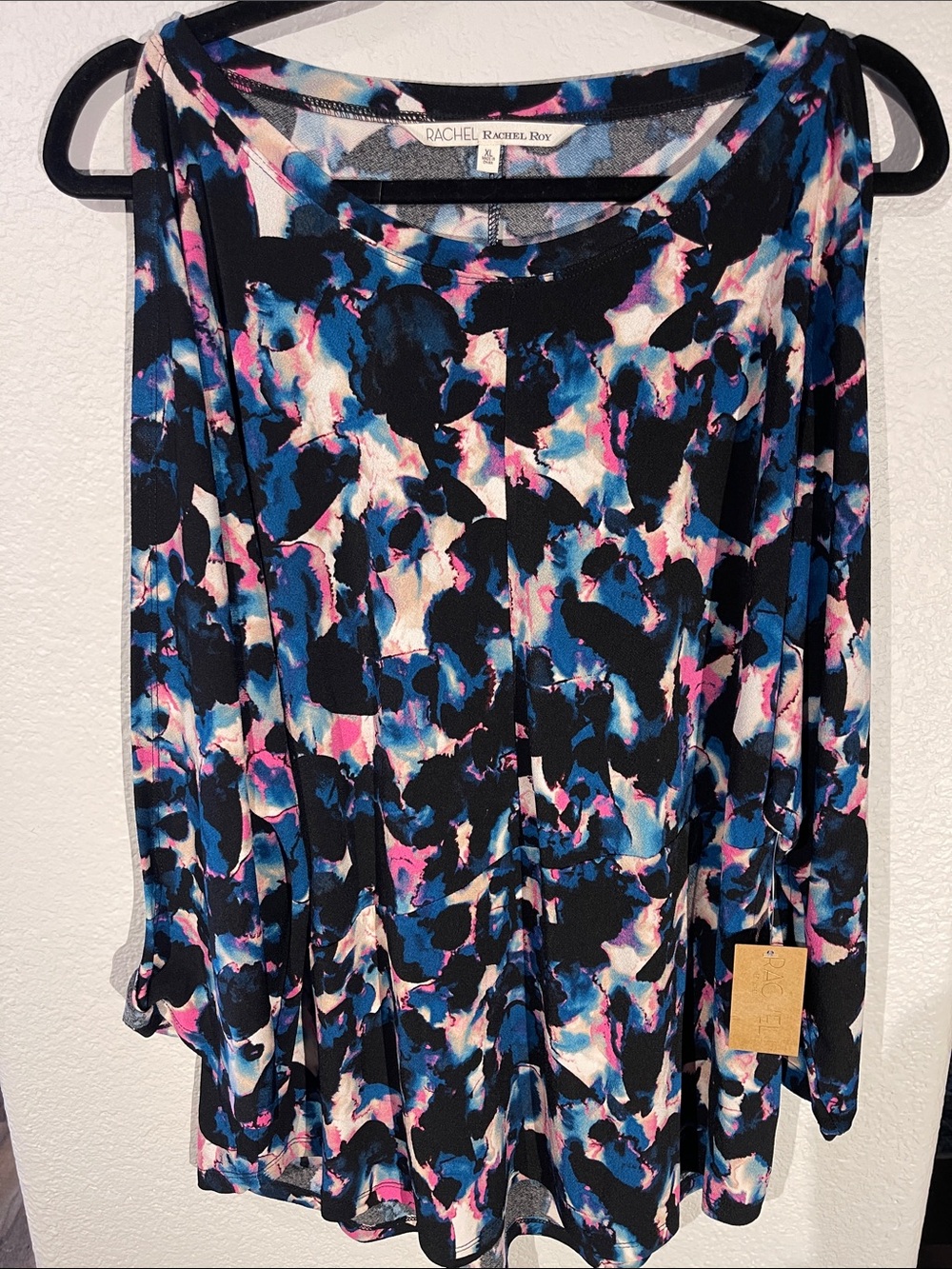 RACHEL Rachel Roy Black Blue Pink Cream Abstract Cold-Shoulder Tunic XL NWT